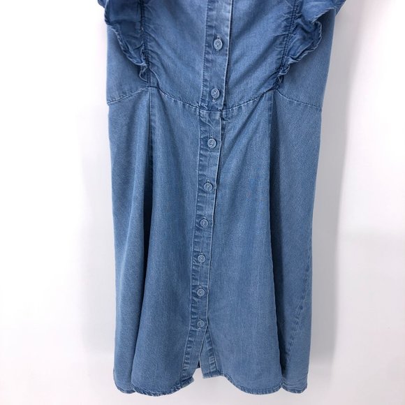 Forever 21 Small Mini Sundress Dress Ruffle Button Front Chambray Blue - Picture 5 of 15